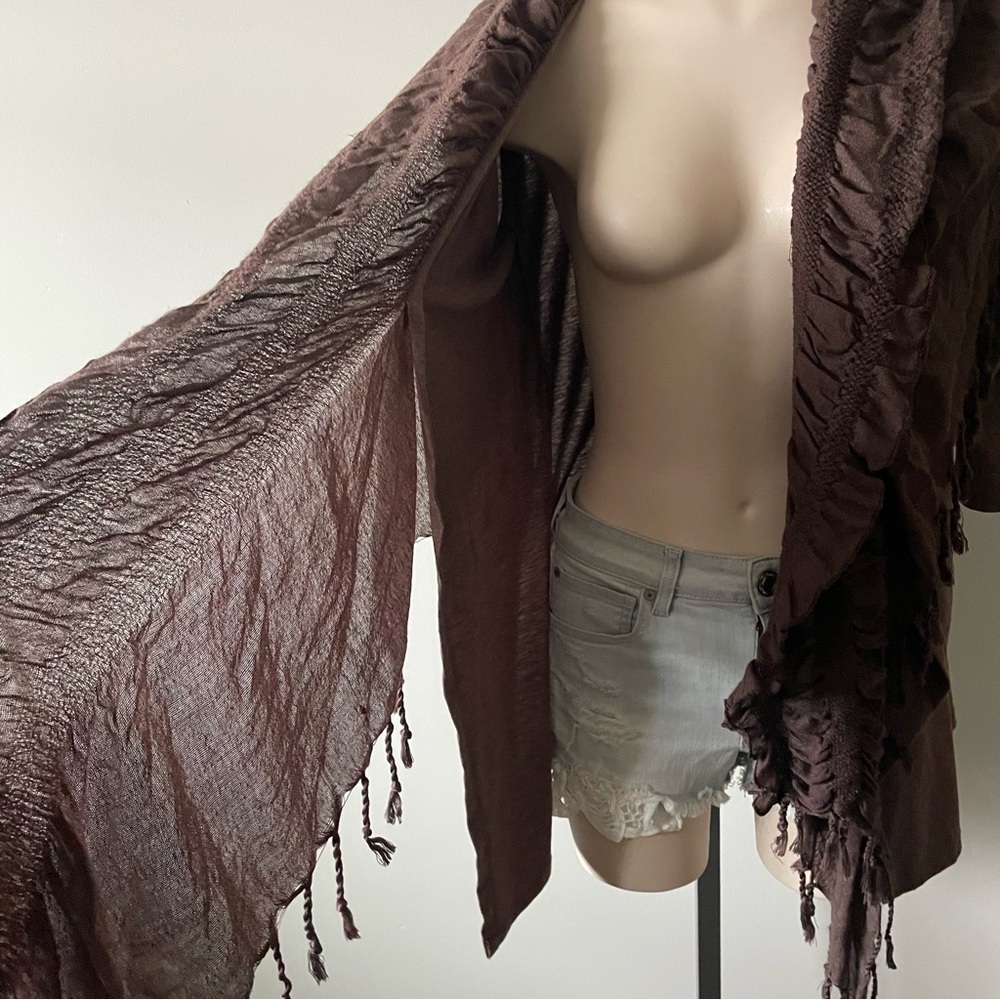 Papillon Lagenlook Fringe Trim Ruffled Open Cardigan Scarf Neck Wrap Boho - Picture 5 of 9